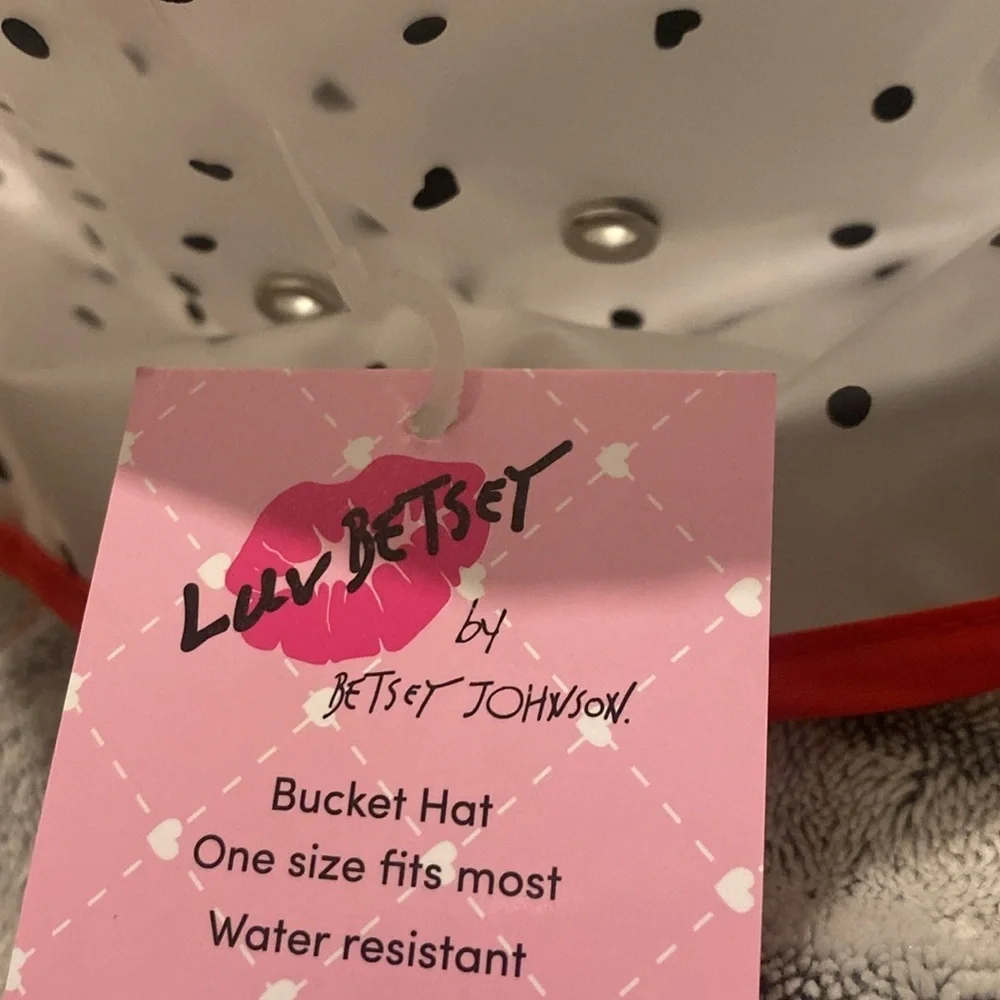Betsey by Betsey Johnson Clear Heart Polka Dot Rain Bucket Hat
